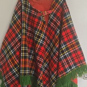 Chic Plaid Poncho Cape with Green Fringe